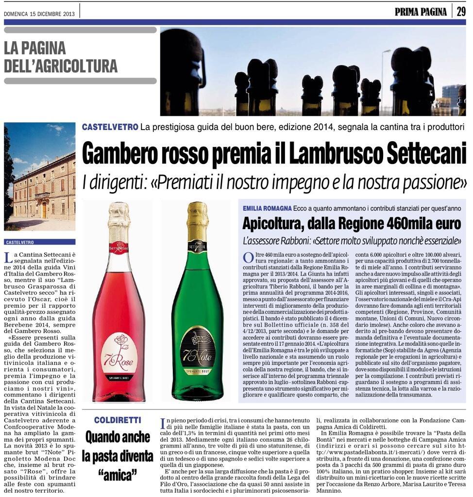 Gambero Rosso premia il Lambrusco Settecani